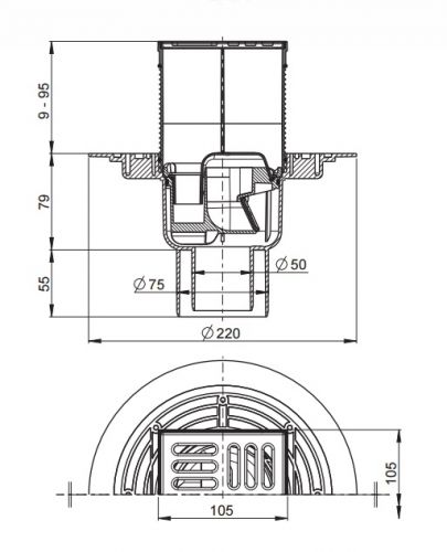 APV2321 Сливной трап 105 × 105/50/75, подводка – прямая, решетка – нержавеющая сталь, гидрозатвор Alca Plast в Кореновске