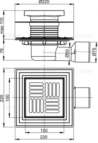 APV3444 Сливной трап 150 × 150/50/75, подводка – боковая, решетка – нержавеющая сталь, фланец –нерж сталь Alca Plast в Кореновске